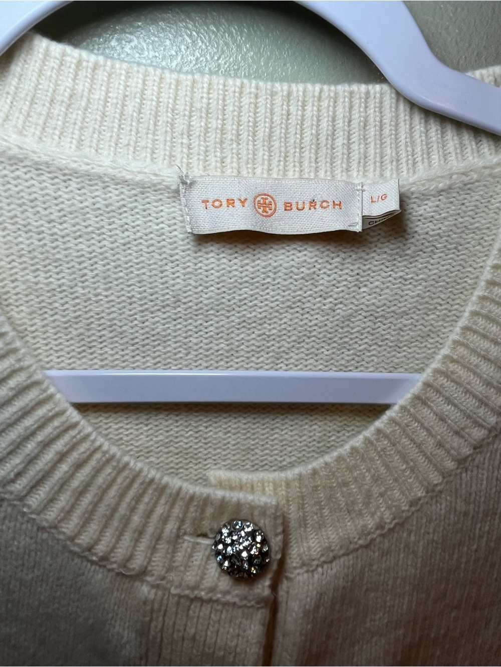 Tory Burch Cream Crystal-Button Knit Cardigan Wool Preppy L - Picture 5 of 11